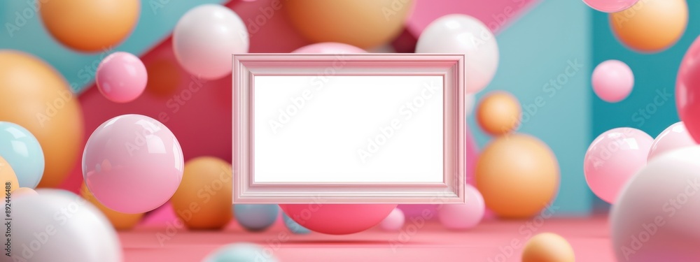 A frame with a white background and pink and orange balls surrounding it A frame with a white background and pink and orange balls surrounding it