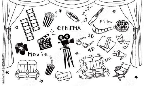 映画館イラストセット　手描き白黒線画