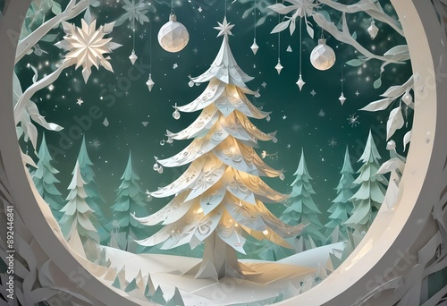Wallpaper Mural papercut origami, White Christmas tree filled with intricate silver and white ornaments, illuminated by soft, blurred pastel lights. The scene captures winter wonderland aesthetic with snowflakes Torontodigital.ca