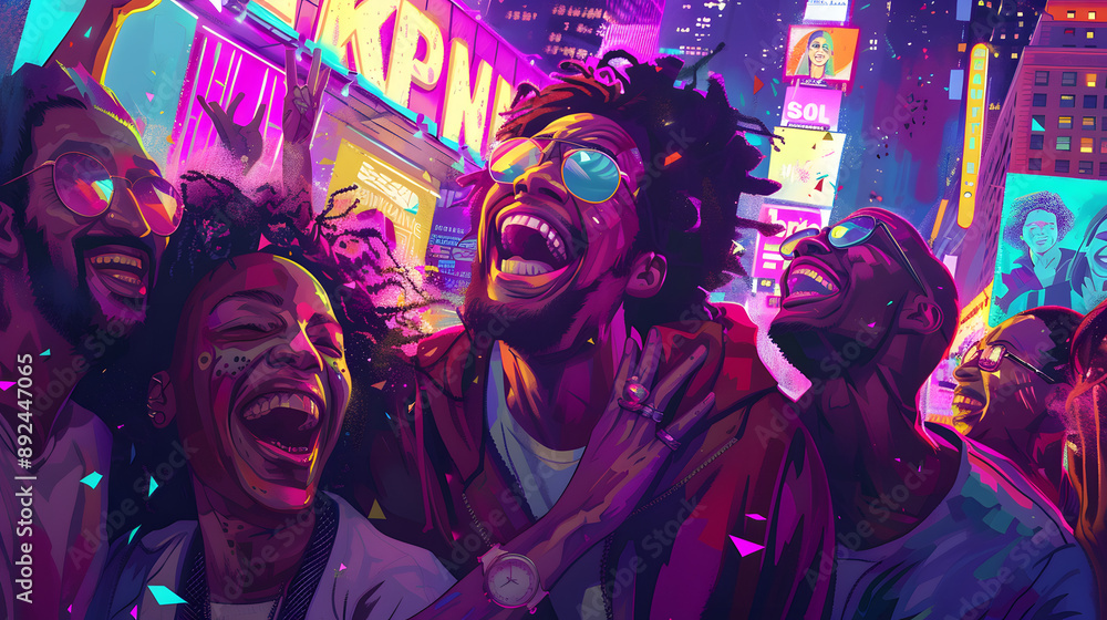 Obraz premium Vibrant celebration of joy and friendship under city lights, showcasing diverse individuals sharing laughter and excitement.