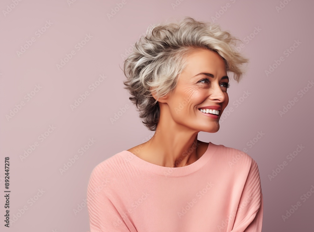 Portrait of a happy woman a pink sweater looks pleased, smiling Portrait of a happy woman a pink sweater looks pleased, smiling