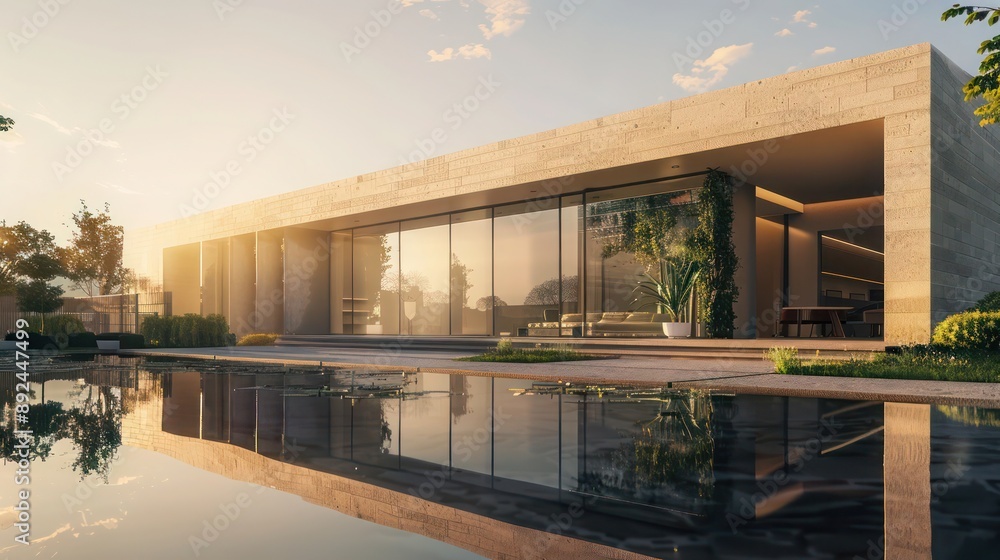 Minimalist home with smooth stone walls and large windows, reflecting the early morning sun in a serene suburb Minimalist home with smooth stone walls and large windows, reflecting the early morning sun in a serene suburb