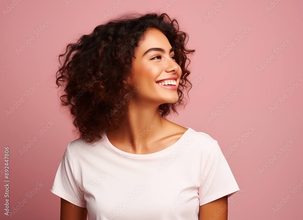 Portrait of a smiling beautiful woman in a white t-shirt looking away over a pink background with copy space, side view Portrait of a smiling beautiful woman in a white t-shirt looking away over a pink background with copy space, side view
