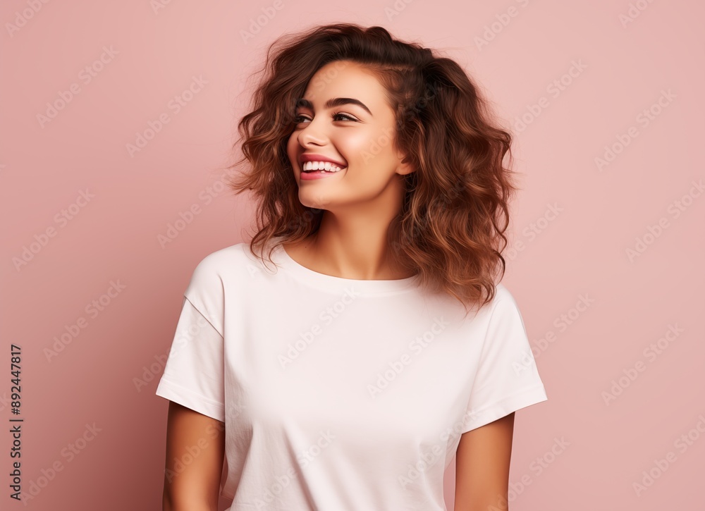 Portrait of a smiling beautiful woman in a white t-shirt looking away over a pink background with copy space, side view Portrait of a smiling beautiful woman in a white t-shirt looking away over a pink background with copy space, side view
