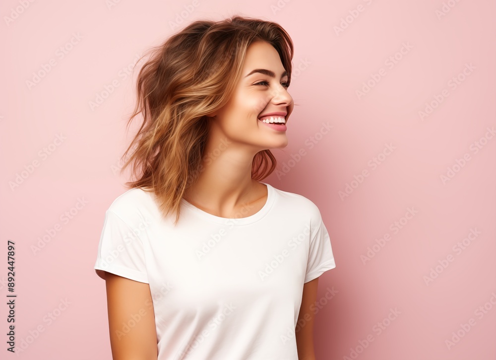 Portrait of a smiling beautiful woman in a white t-shirt looking away over a pink background with copy space, side view Portrait of a smiling beautiful woman in a white t-shirt looking away over a pink background with copy space, side view
