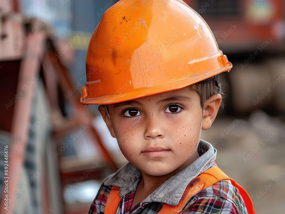 A child with striking green eyes wears an orange hard hat, portraying child labor. A child with striking green eyes wears an orange hard hat, portraying child labor.