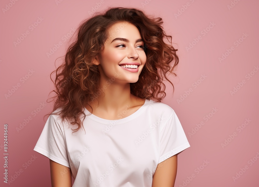 Portrait of a smiling beautiful woman in a white t-shirt looking away over a pink background with copy space, side view Portrait of a smiling beautiful woman in a white t-shirt looking away over a pink background with copy space, side view
