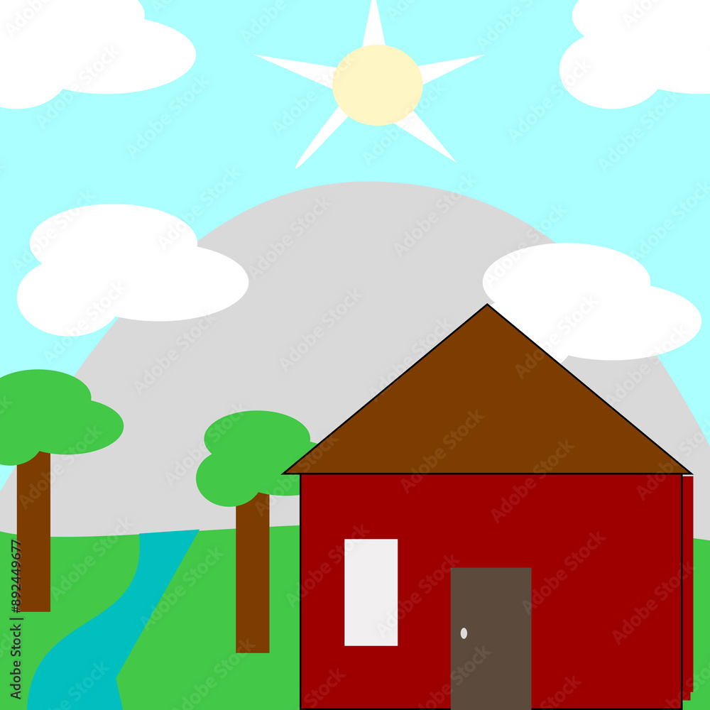 illustration of a view of a mountain, river and house illustration of a view of a mountain, river and house