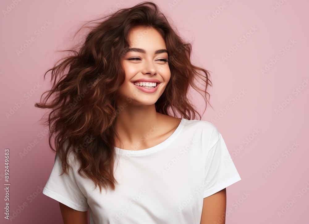 Portrait of a smiling beautiful woman in a white t-shirt looking away over a pink background with copy space, side view Portrait of a smiling beautiful woman in a white t-shirt looking away over a pink background with copy space, side view