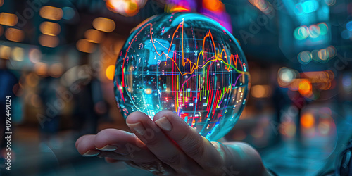 The Crystal Ball of Investments: A mystical ball with swirling market graph patterns, foretelling the future