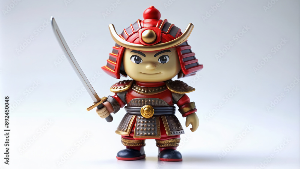 A humorous 3D samurai warrior figurine stands proudly on a white background, wearing a bright red helmet and holding a tiny sword, exuding playful bravery. A humorous 3D samurai warrior figurine stands proudly on a white background, wearing a bright red helmet and holding a tiny sword, exuding playful bravery.
