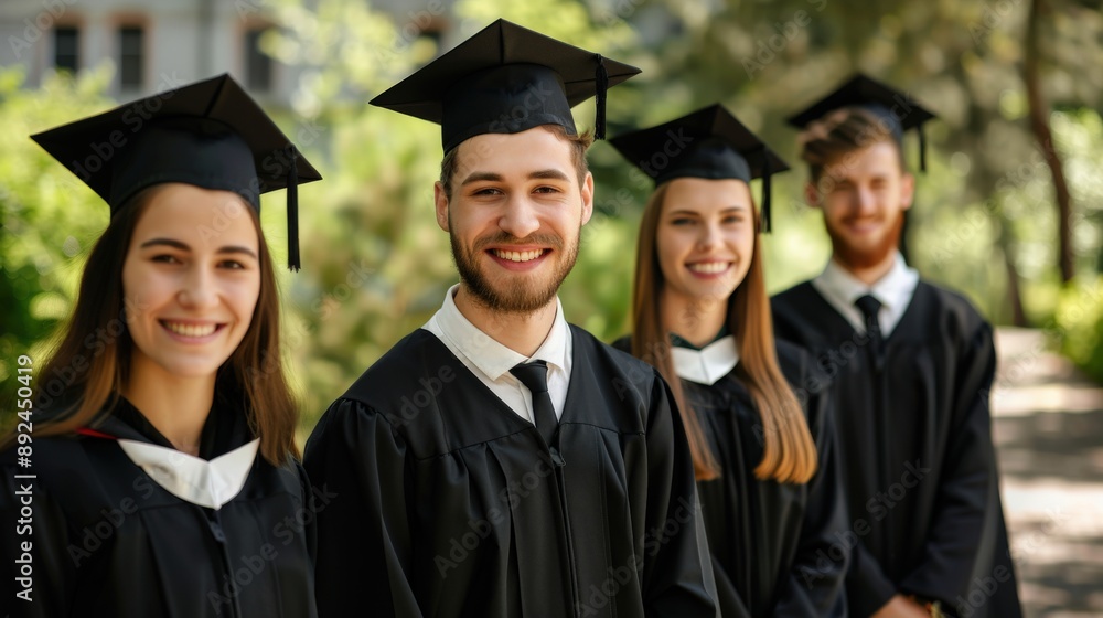 Four graduates are standing in a row, all wearing black caps and gowns Four graduates are standing in a row, all wearing black caps and gowns