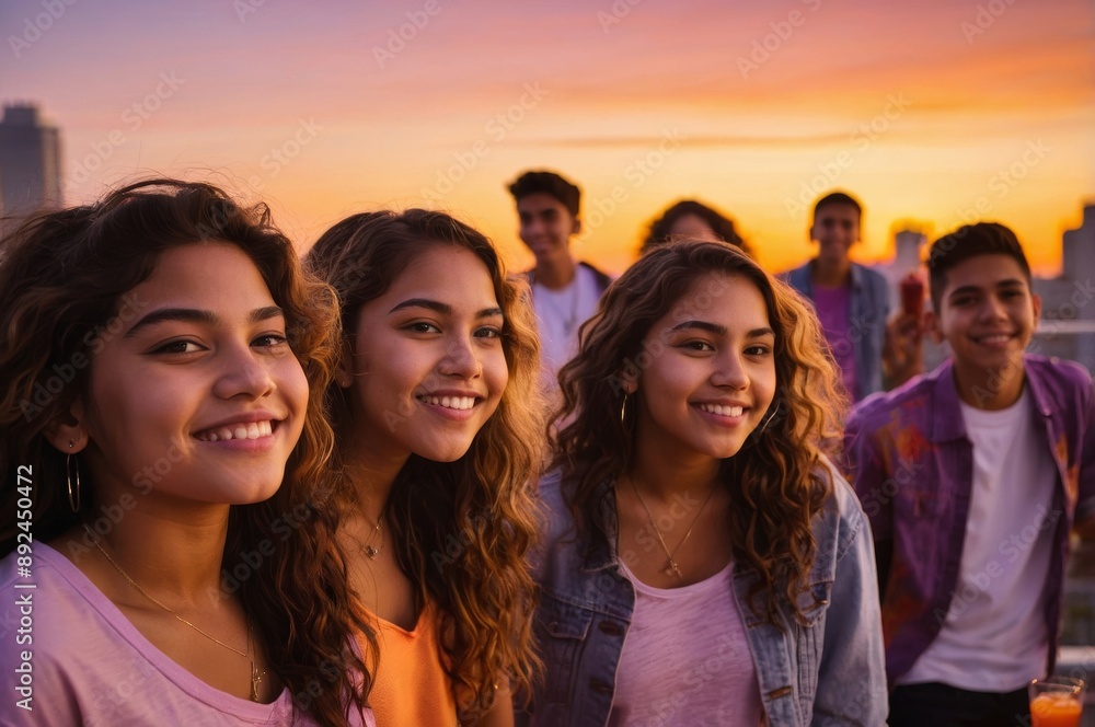 Cheerful teenagers enjoying rooftop sunset party Cheerful teenagers enjoying rooftop sunset party