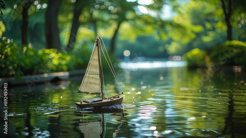 Sailing a model boat on a tranquil pond in a city park