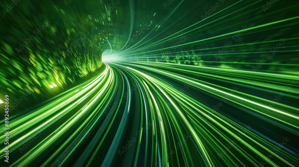Obraz premium A green, blurry image of a winding road with a lot of lines. Concept of motion and energy, as if the road is constantly changing and moving
