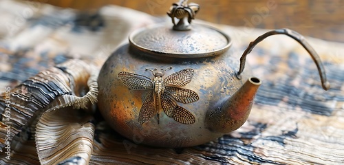 A close-up of a Shiboridashi teapot with a detailed dragonfly motif, placed on a silk cloth. photo