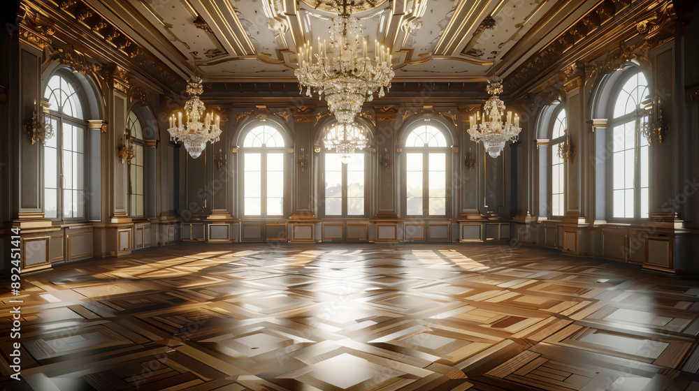 Grand Ballroom Interior with Sunbeams and Gold Accents. Grand Ballroom Interior with Sunbeams and Gold Accents.