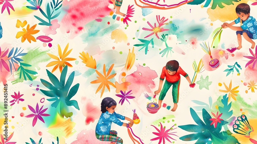 Playful Diwali Children Creating Rangoli Patterns and Paper Streamers in a Verdant Garden Playful Diwali Children Creating Rangoli Patterns and Paper Streamers in a Verdant Garden