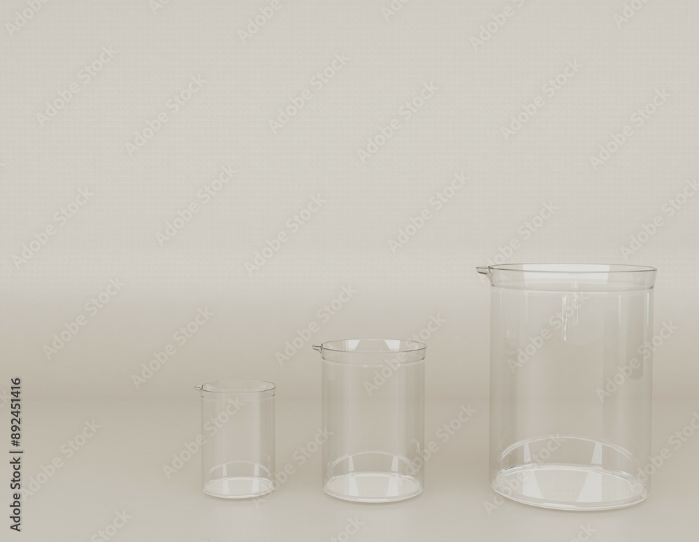 Three transparent cylinders Beakers of varying sizes are placed on a plain surface, showcasing a simple yet elegant arrangement. Three transparent cylinders Beakers of varying sizes are placed on a plain surface, showcasing a simple yet elegant arrangement.