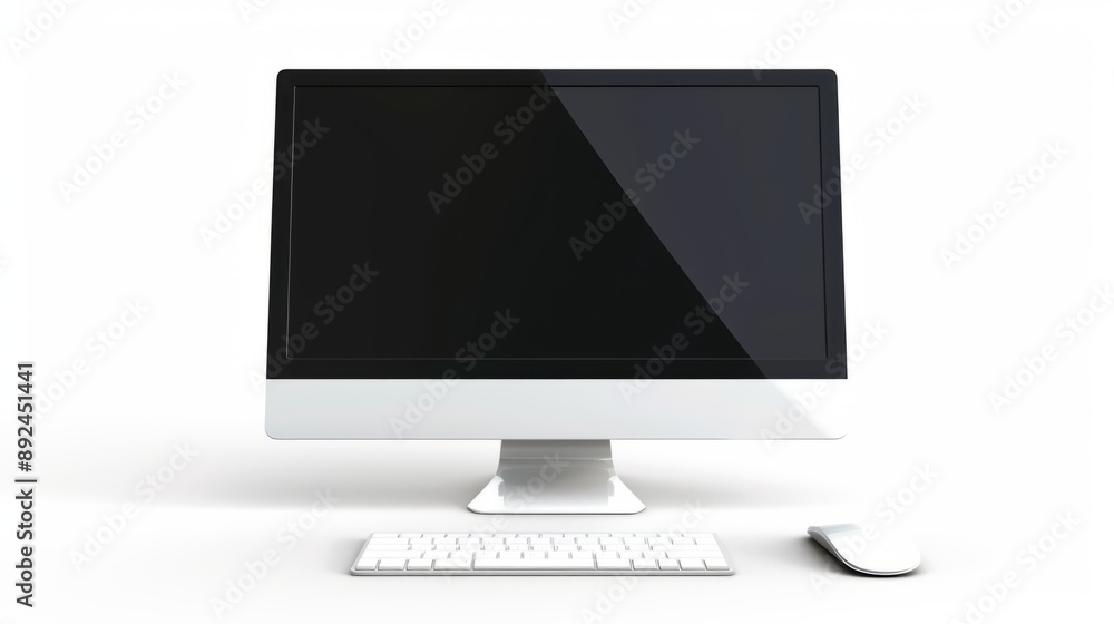 Minimalistic white desktop computer with large black monitor screen, white keyboard, and white mouse isolated on plain white background. Modern and sleek tech design perfect for office use. AI Minimalistic white desktop computer with large black monitor screen, white keyboard, and white mouse isolated on plain white background. Modern and sleek tech design perfect for office use. AI