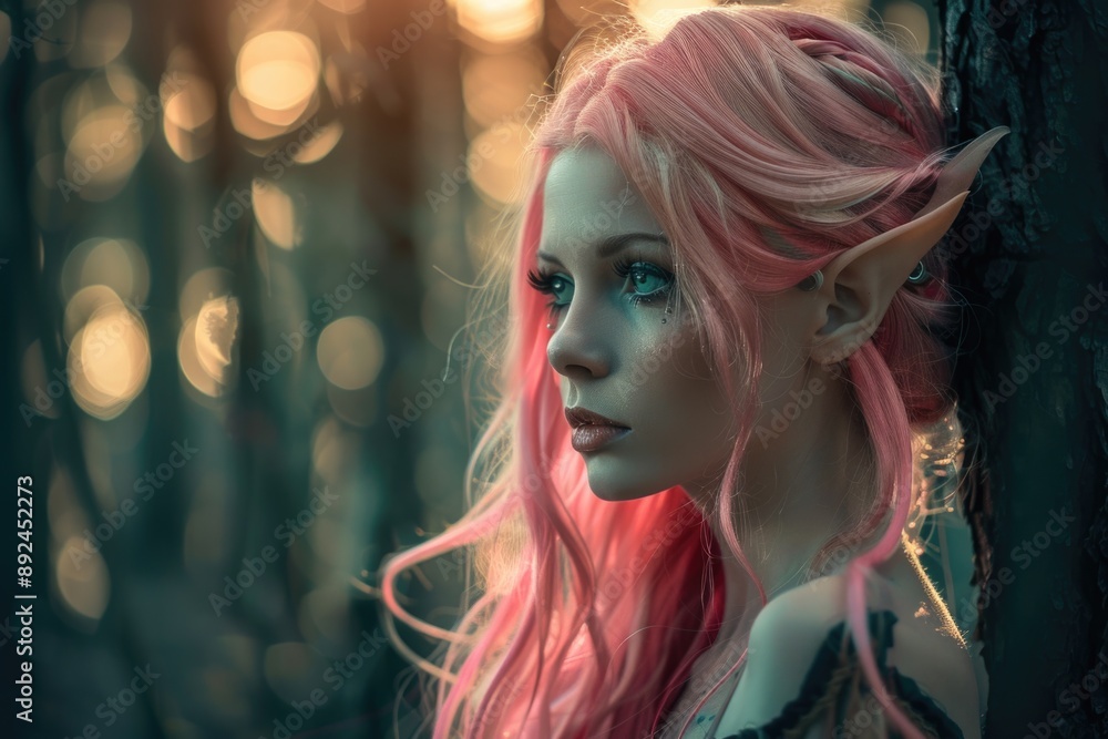 A woman with pink hair and elf ears stands next to a tree, ready for adventure A woman with pink hair and elf ears stands next to a tree, ready for adventure