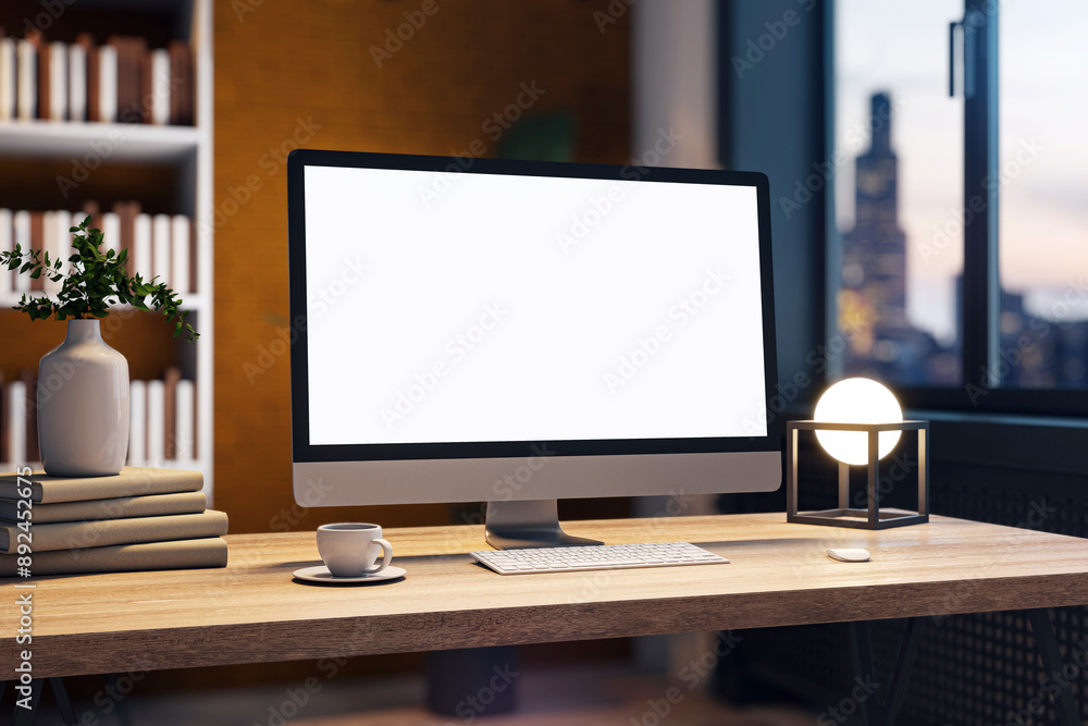 Modern desktop computer with blank screen on a wooden desk, evening home office background, concept of technology. 3D Rendering Modern desktop computer with blank screen on a wooden desk, evening home office background, concept of technology. 3D Rendering