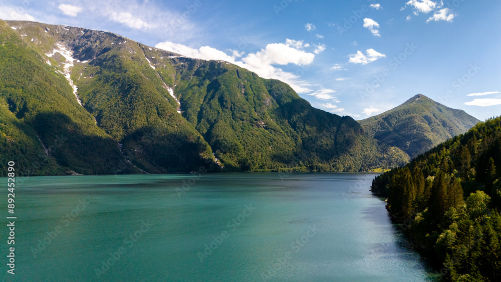 Obraz premium A serene Norwegian fjord surrounded by lush green mountains, the blue waters reflecting a clear summer sky. Fjaerlandsfjorden, Fjord, Vestland, Norway