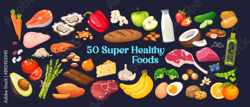 50 super healthy foods icons includes fruits,vegetables,nuts,seeds,protein products etc.
