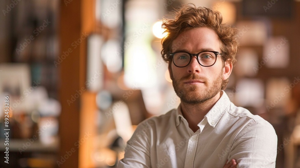 Obraz premium Bearded man with glasses and crossed arms, sporting a confident smile