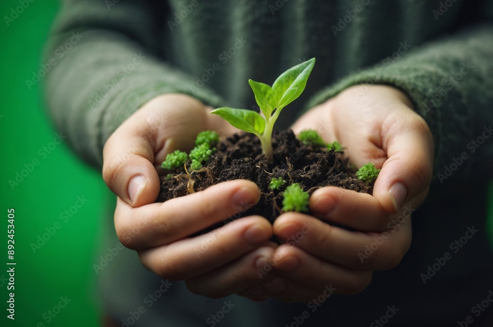 Young plant with fresh green leaves held in cupped hand highlighting connection with nature and growth Young plant with fresh green leaves held in cupped hand highlighting connection with nature and growth