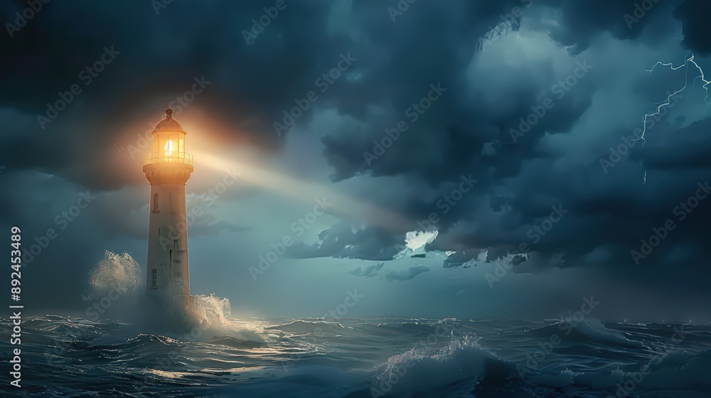 A lighthouse stands tall against the backdrop of storm clouds, its beam of light cutting through the darknes A lighthouse stands tall against the backdrop of storm clouds, its beam of light cutting through the darknes