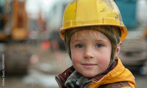 A child with striking green eyes wears an orange hard hat, portraying child labor.