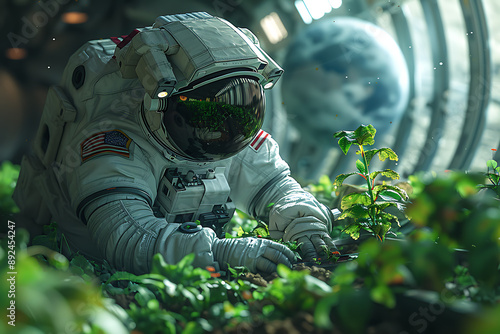  On a space orbital station, experimental crops are being cultivated in microgravity. An astronaut is researching plant growth, representing a technological breakthrough and planetary expansion