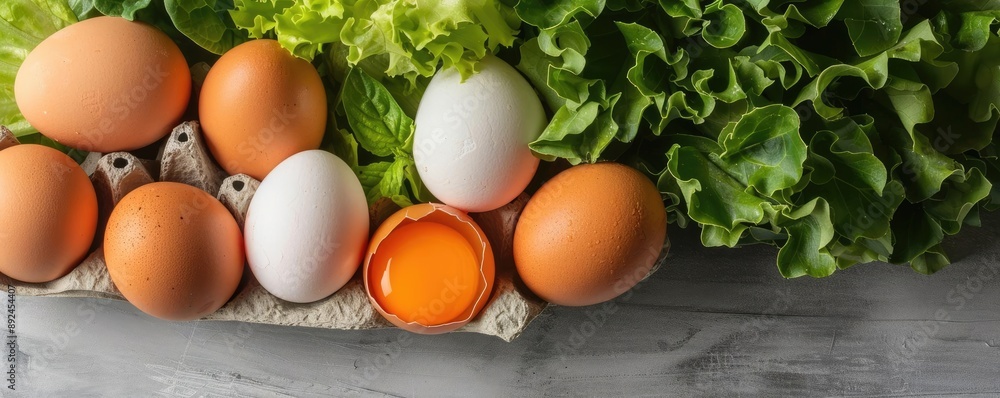 Close-up of non-GMO eggs and fresh greens, perfect for a fitness-focused diet with clean produce Close-up of non-GMO eggs and fresh greens, perfect for a fitness-focused diet with clean produce