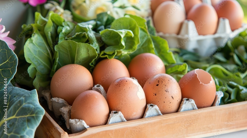 Eggs and fresh greens in a harvest scene, highlighting the benefits of a farm-based diet Eggs and fresh greens in a harvest scene, highlighting the benefits of a farm-based diet