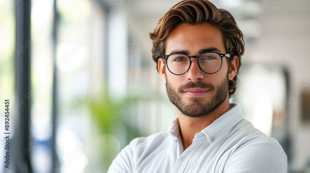 Fototapeta premium Bearded man with glasses and crossed arms, sporting a confident smile
