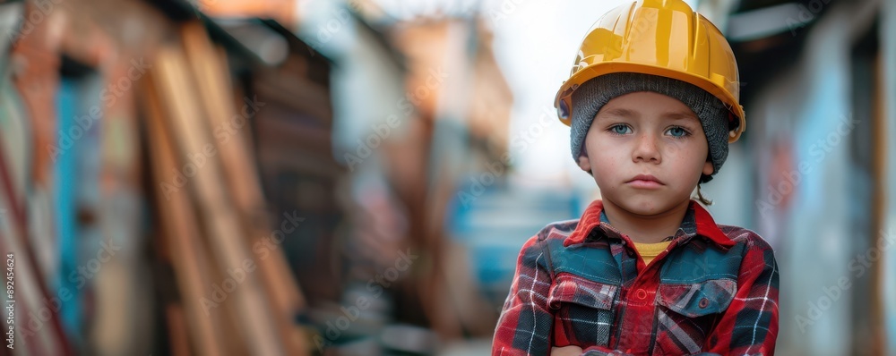 A child with striking green eyes wears an orange hard hat, portraying child labor.