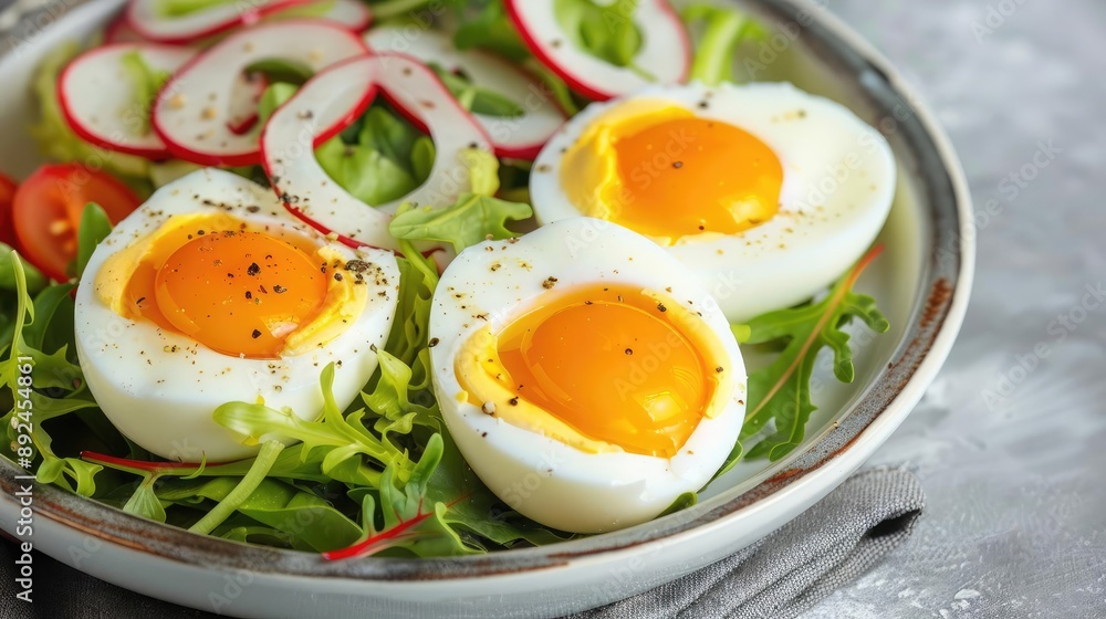 Healthy plate of eggs and mixed greens, representing natural produce for muscle strength and growth Healthy plate of eggs and mixed greens, representing natural produce for muscle strength and growth