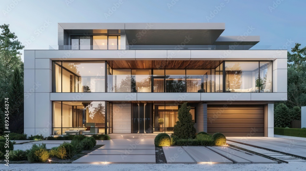 Fototapeta premium Modern home with a minimalist front view, featuring large windows, a flat roof, and a discreet garage