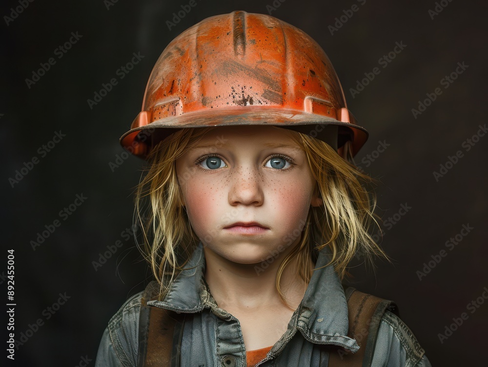 A child with striking green eyes wears an orange hard hat, portraying child labor. A child with striking green eyes wears an orange hard hat, portraying child labor.