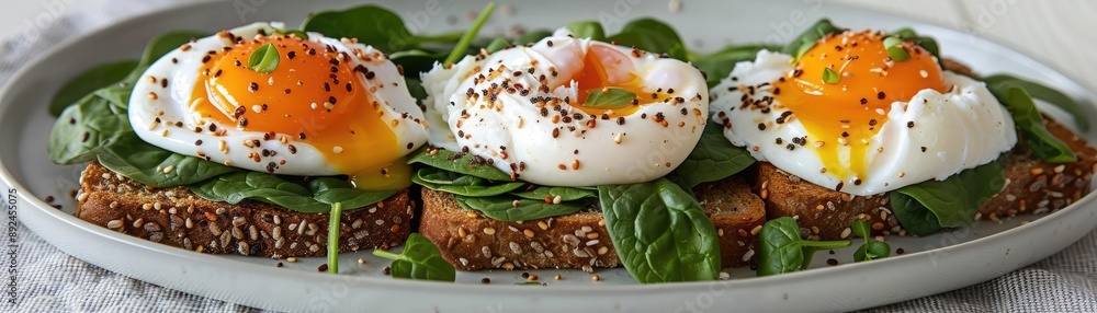 Perfectly cooked poached eggs on whole grain toast with spinach, capturing the essence of a nutritious morning meal Perfectly cooked poached eggs on whole grain toast with spinach, capturing the essence of a nutritious morning meal
