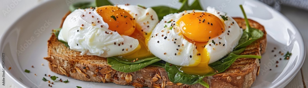Perfectly cooked poached eggs on whole grain toast with spinach, capturing the essence of a nutritious morning meal Perfectly cooked poached eggs on whole grain toast with spinach, capturing the essence of a nutritious morning meal