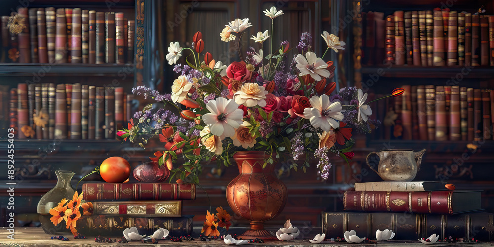 The Unwitting Hosts: A vase of flowers, surrounded by antique books and quaint trinkets The Unwitting Hosts: A vase of flowers, surrounded by antique books and quaint trinkets
