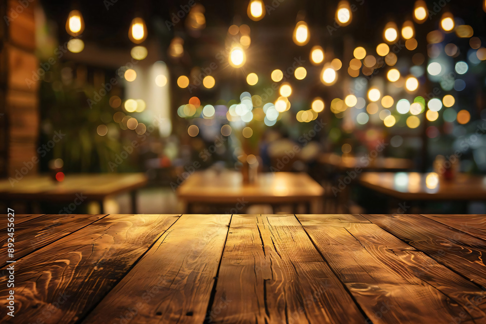 Empty Wooden Table in Cozy Restaurant with Blurred Background. Empty Wooden Table in Cozy Restaurant with Blurred Background.