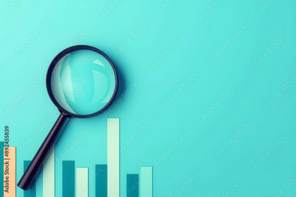A magnifying glass over a growth chart clipart, business analysis, watercolor, blue and green, isolated on white background A magnifying glass over a growth chart clipart, business analysis, watercolor, blue and green, isolated on white background