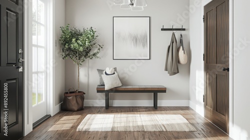 A minimalist entryway with functional storage solutions, a simple bench, and neutral decor, creating a welcoming and tidy first impression