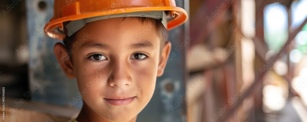 A child with striking green eyes wears an orange hard hat, portraying child labor. A child with striking green eyes wears an orange hard hat, portraying child labor.
