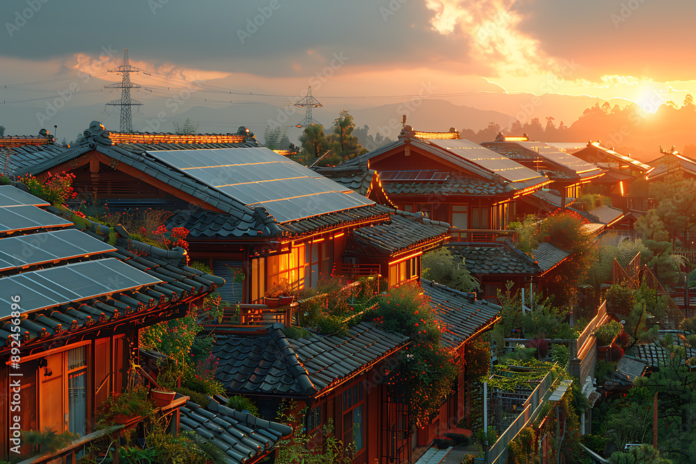 Fototapeta premium Solar panels on rooftops harnessing renewable energy to reduce carbon emissions and promote sustainable living in urban areas