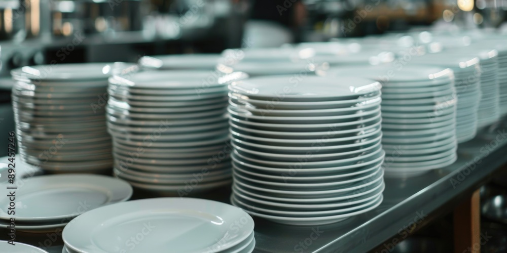 Dinner plates stacked on a shelf, ready for use or storage Dinner plates stacked on a shelf, ready for use or storage