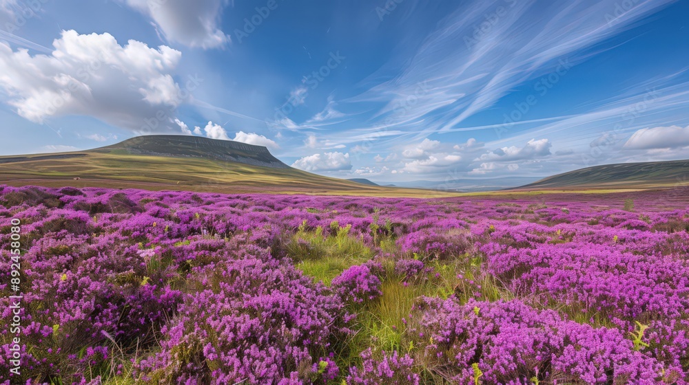 Obraz premium A moorland awash with heather in bloom, its purple flowers stretching as far as the eye can see under a vast springtime sky.